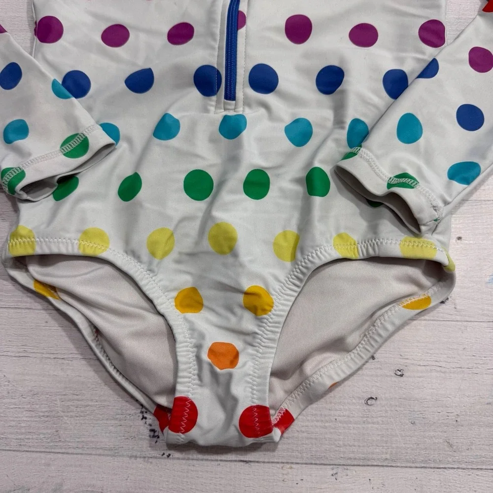 Primary girls one piece rainbow polka dot swimsuit long sleeve rashguard 6/7
